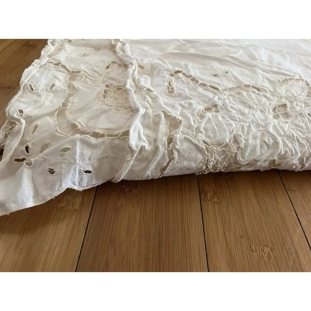 Vintage Cotton Full Beige Flat Sheet Embroidered Floral Crochet French Country